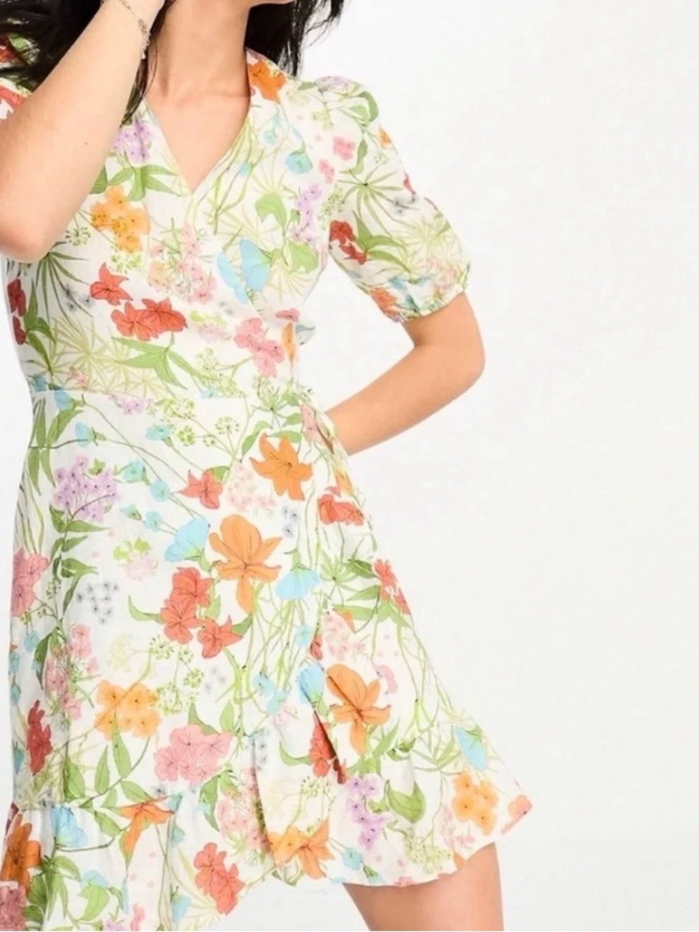 & Other Stories Linen Floral Mini Wrap Dress Short Puff Sleeves Womens Size 4